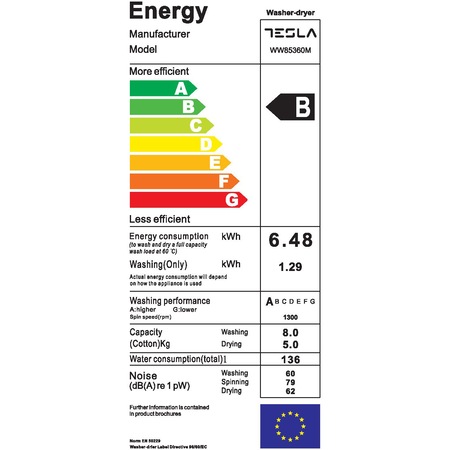 Masina de spalat rufe cu uscator Tesla WW85360M, 8 kg spalare, 5 kg uscare, 1300 rpm, Clasa B, Pornire intarziata, Curatare cuva, Alb