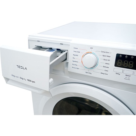 Masina de spalat rufe cu uscator Tesla WW85360M, 8 kg spalare, 5 kg uscare, 1300 rpm, Clasa B, Pornire intarziata, Curatare cuva, Alb