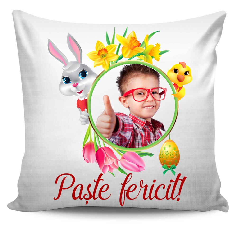Perna personalizata cu poza si text, Paste , 40x40 cm, Handmade Mihaela