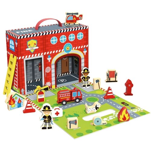 Statie de pompieri Imaginarium Firestation Story Box, cu 18 piese din lemn in cutie servieta cu inchidere magnetica