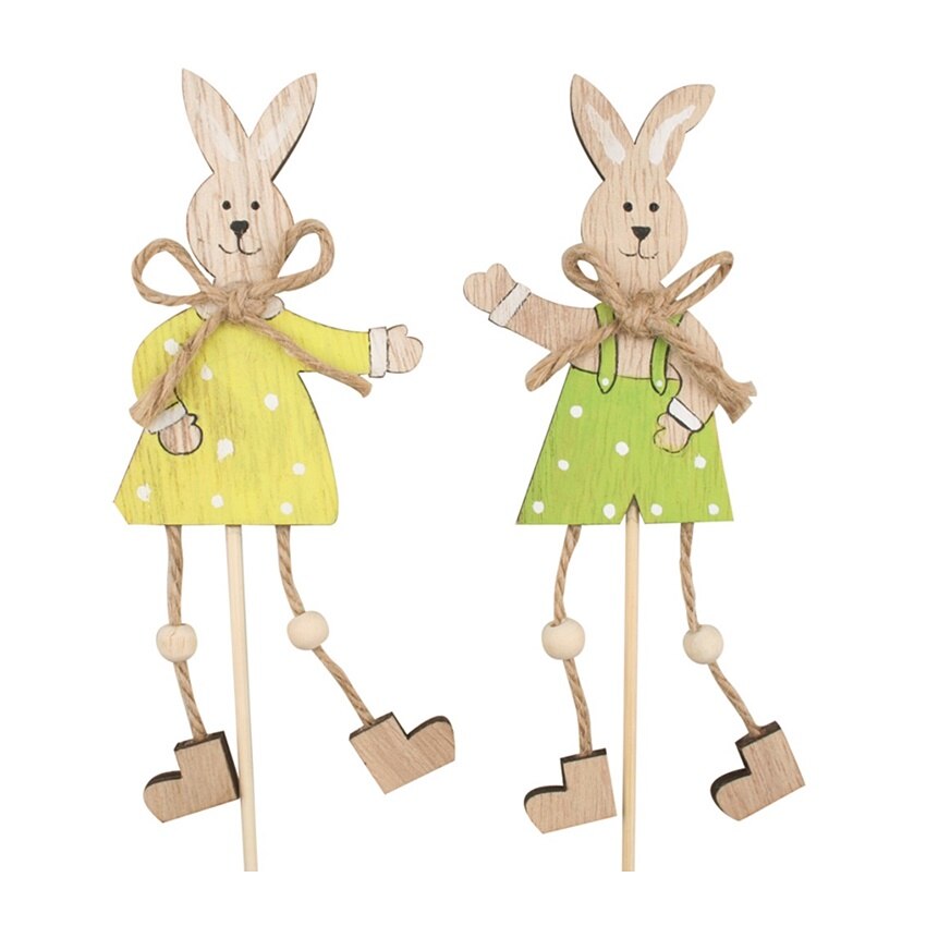 Set 2 iepurasi din lemn cu accesorii snur pe bat, 13 cm