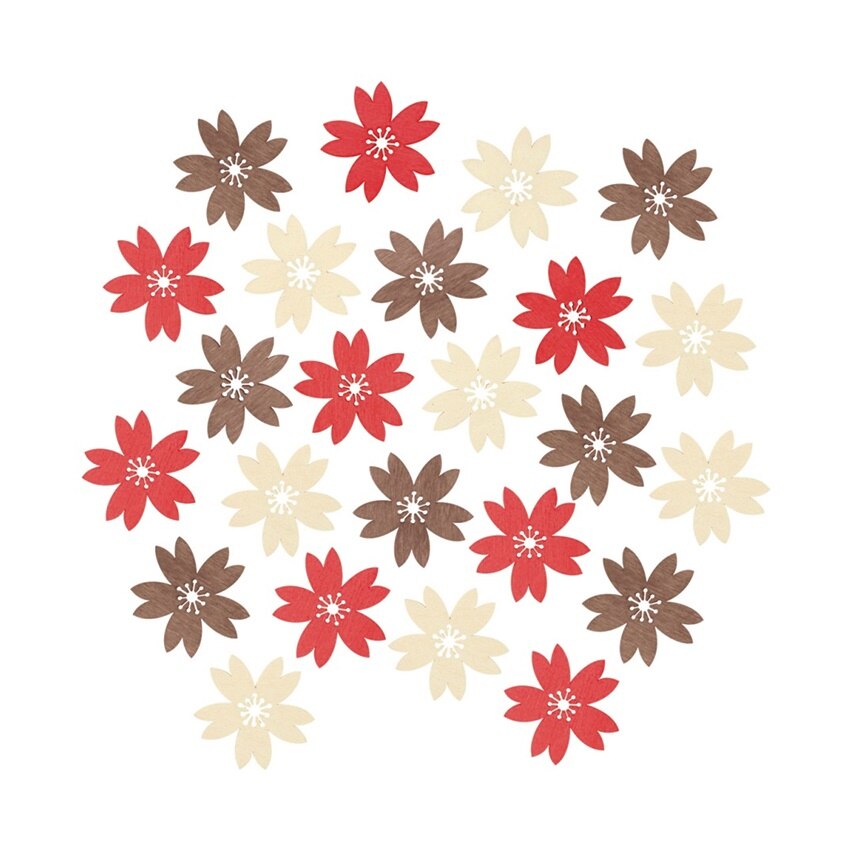 Set 24 flori din lemn - bej-maro-rosu, 2 cm
