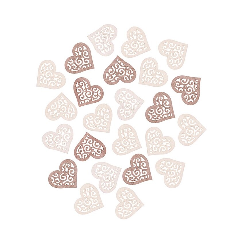 Set 24 inimi gravati din lemn - bej-maro, 2 cm