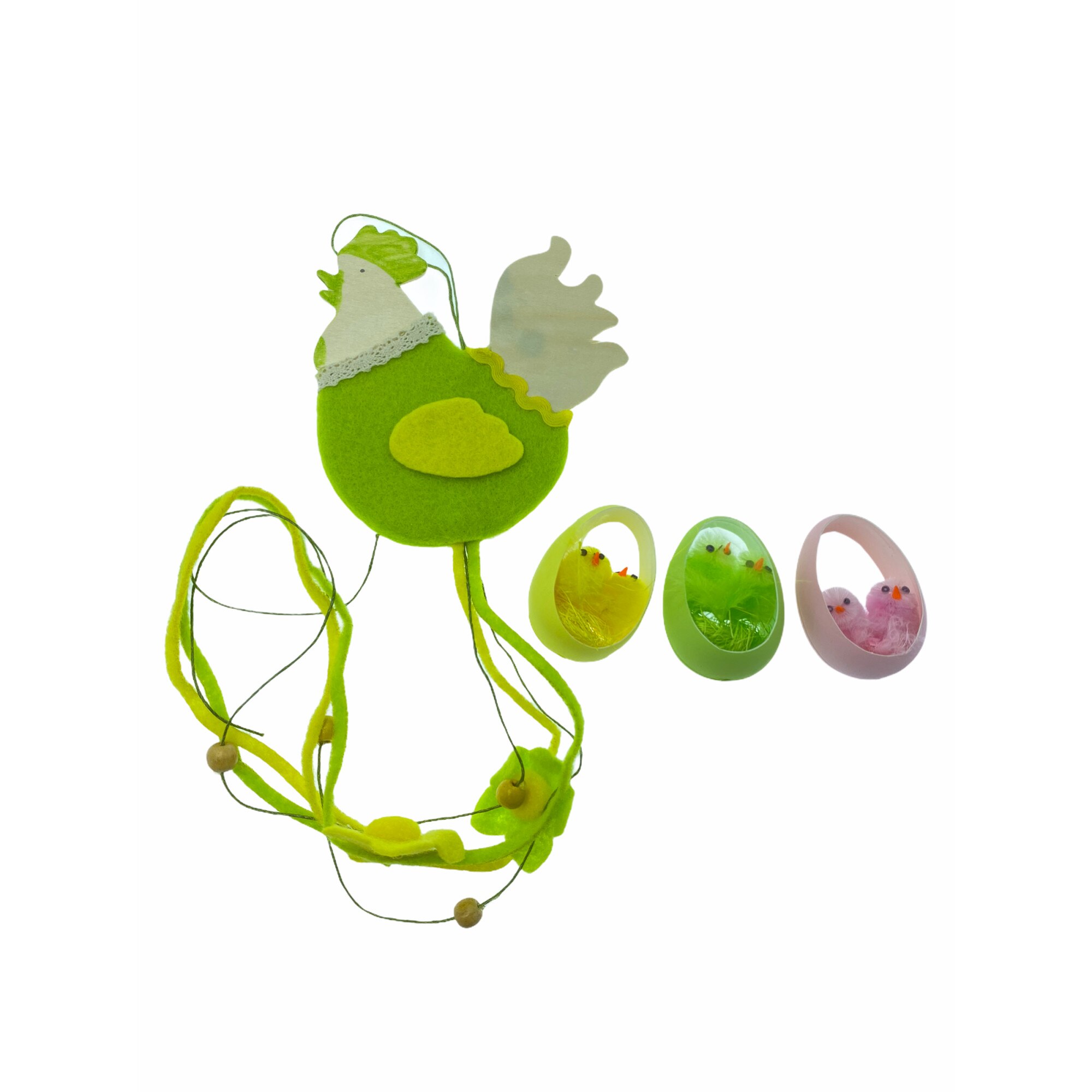 Set 4 accesorii decorative pui pentru aranjamente, Paste, Atelier, Verde/Roz/Galben