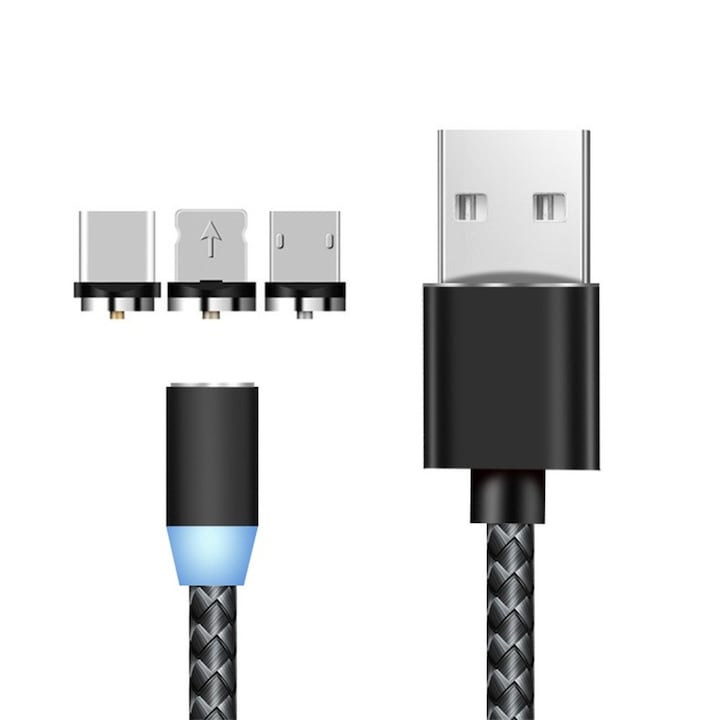 Mágneses töltőkábel 3 az 1-ben, USB-C/Lightning/Micro-USB, 2A, 1m, fekete