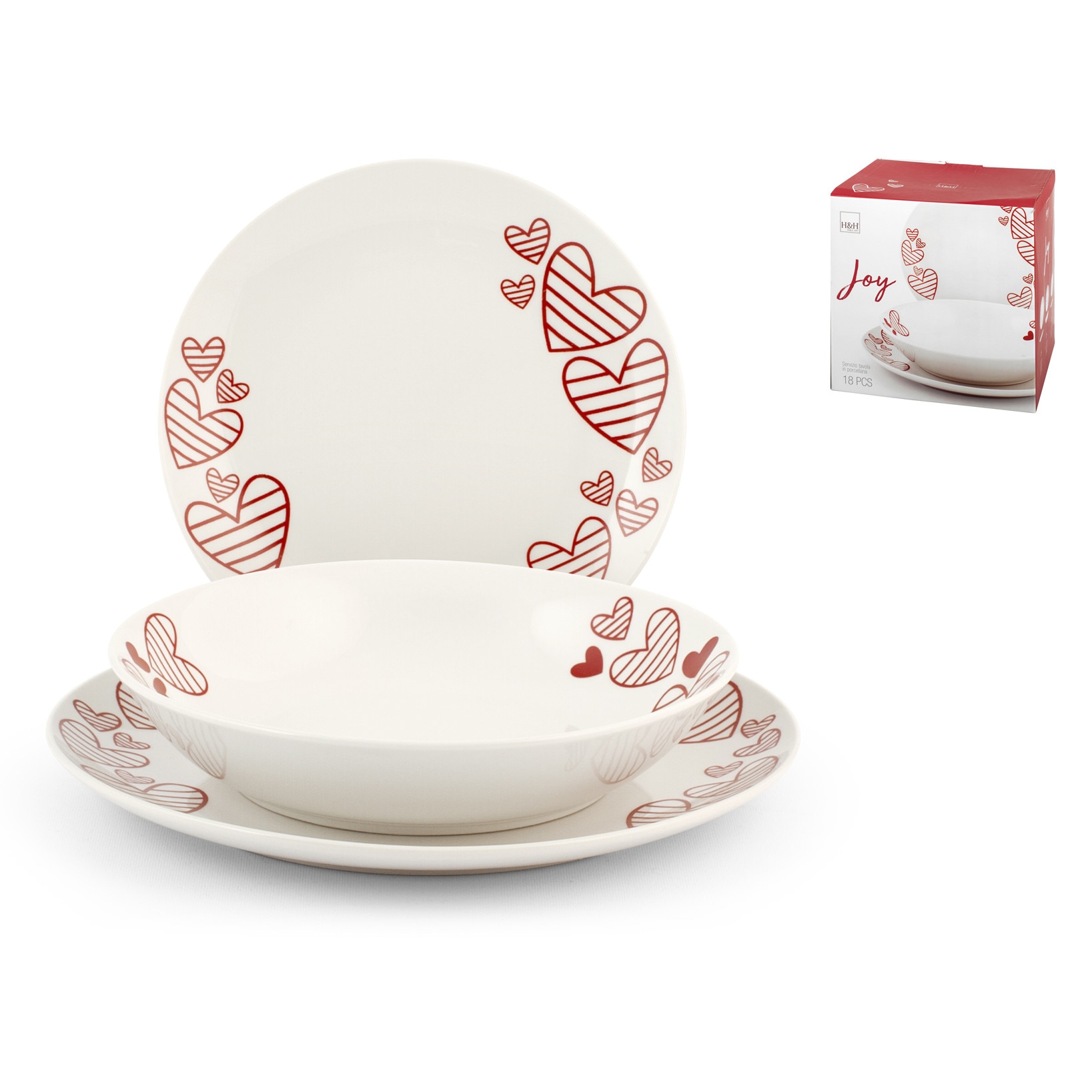 Serviciu de masa portelan, alb cu inimioare, 18 piese