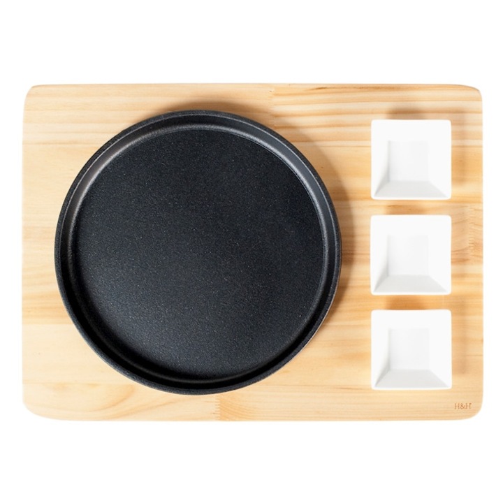 Set 5 piese servire, platou lemn cu placa fonta si boluri portelan