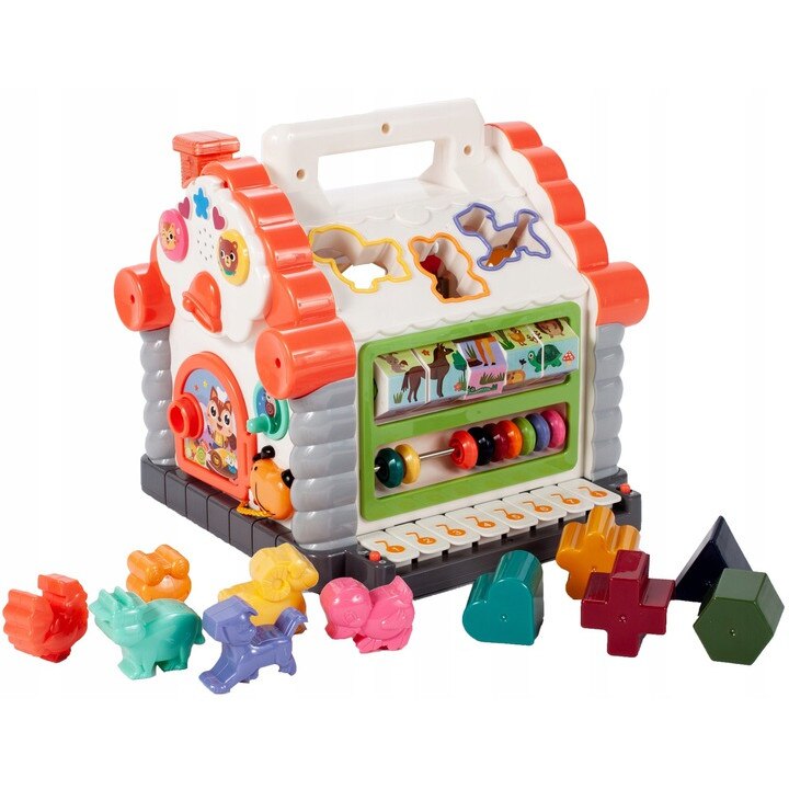 Jucarie Interactiva Pentru Bebelusi, Casuta KinderVibe, cu Sortator si Forme 3D, Include Abac, Pian, Sunete si Lumini, Educativa, Multicolor