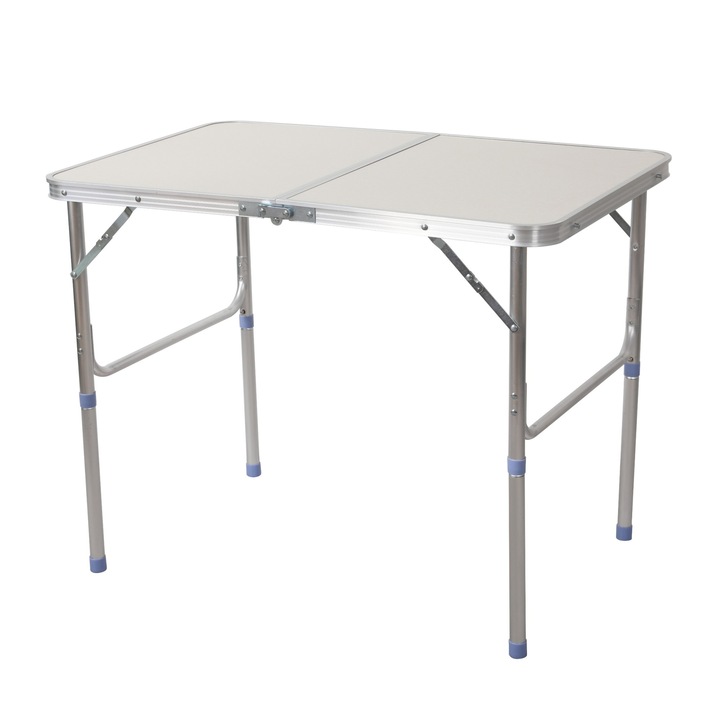 Masa pentru camping pliabila B&Q Bari C6, din otel si MDF, dreptunghiulara, pentru 4 persoane, 90 x 60 x 40 / 70 cm, gri