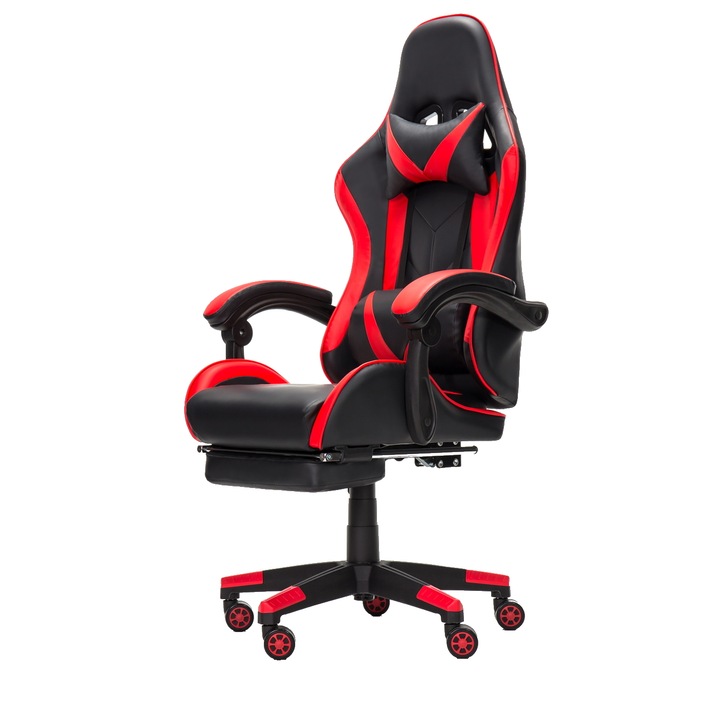 IdealStore eSPORT Регулируем стол за игри, прибираща се поставка за крака, регулируеми подлакътници, удобни възглавници, промяна на наклона на облегалката, червено черно