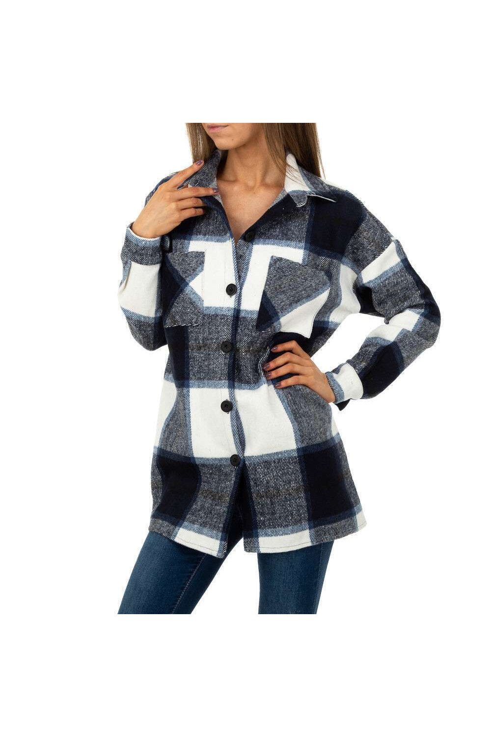 Camasa dama, casual, inchidere cu nasturi, in carouri, alb/albastra - L