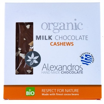 Ciocolata cu lapte si caju, Alexandros, BIO, fara gluten, artizanala, 90 g