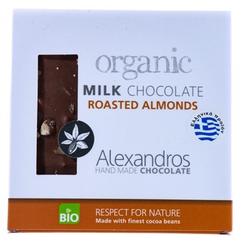 Ciocolata cu lapte si migdale, Alexandros, BIO, fara gluten, artizanala, 90 g