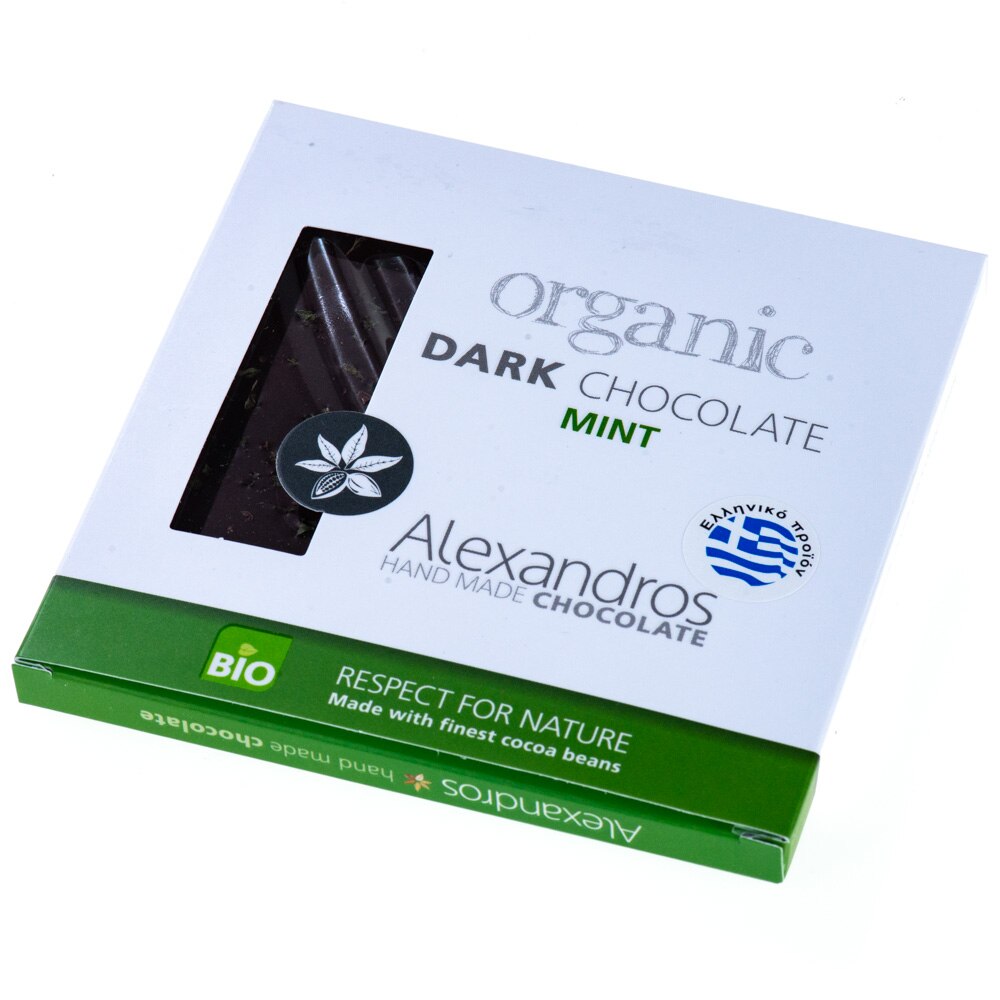 Ciocolata neagra cu menta, Alexandros, BIO, fara gluten, 70% cacao, artizanala, 90 g
