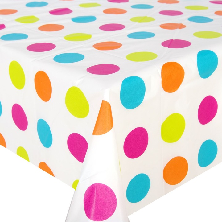 Fata de masa din plastic Shopiens® de unica folosinta, subtire, alba cu buline colorate, 183 x 137 cm