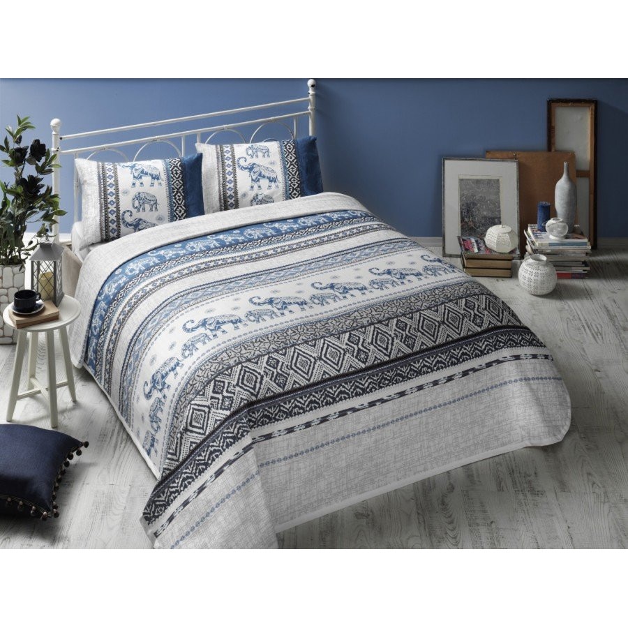 Set Lenjerie si Cuvertura pat dublu, bumbac 100%, 4 piese, TAC, Daria Albastru