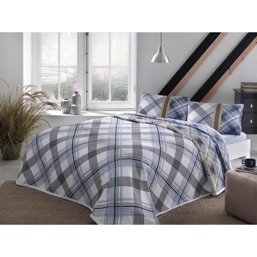 Set Lenjerie si Cuvertura pat dublu, bumbac 100%, 4 piese, TAC, Floyd Albastru