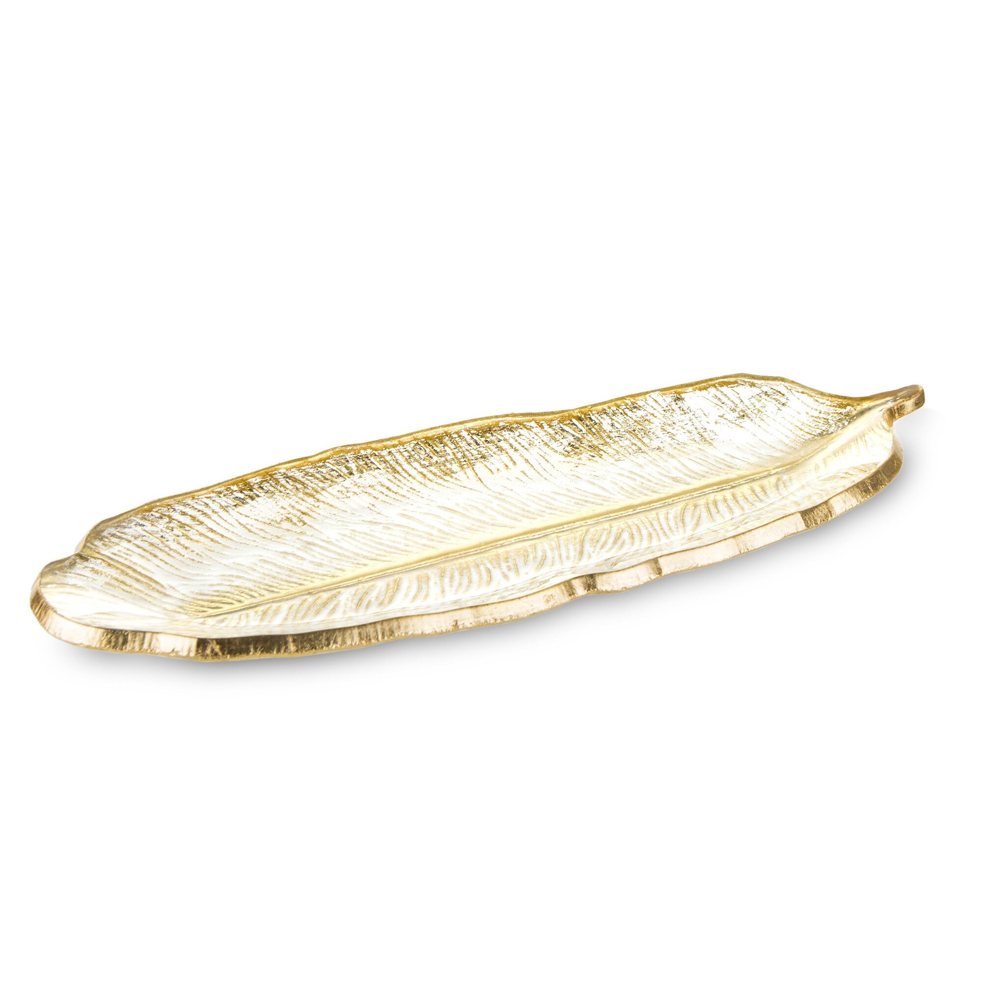 Platou din sticla model frunza, auriu, 37x12 cm