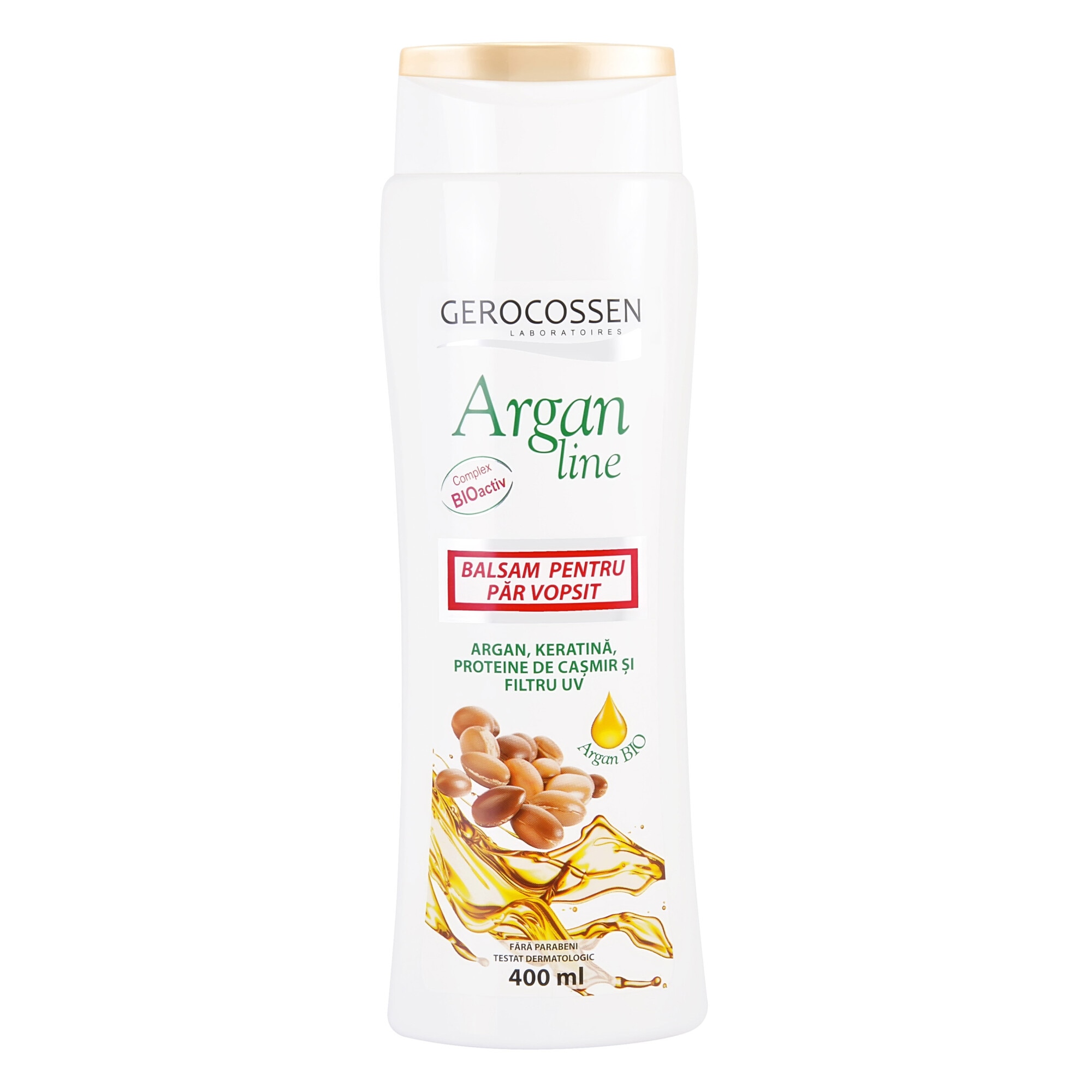 Balsam cu ulei de argan organic, keratina, proteine de casmir si filtru UV Gerocossen Argan, pentru par vopsit, 400 ml