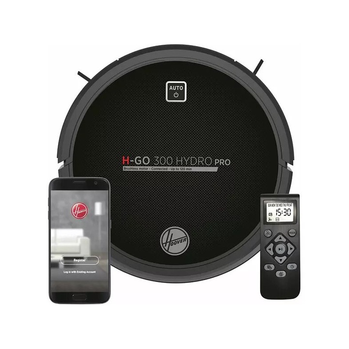 Aspirator Robot Hoover HGO330HC, 720 W, 0.35 L, Aspira Si Spala, Wi-Fi, Alexa&Google Home, 120 min, Negru
