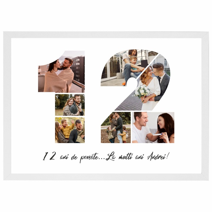 Tablou personalizat, fotografie si text, din lemn, Priti Global, cadou aniversare 12 ani, Alb, A3, 30 x 42