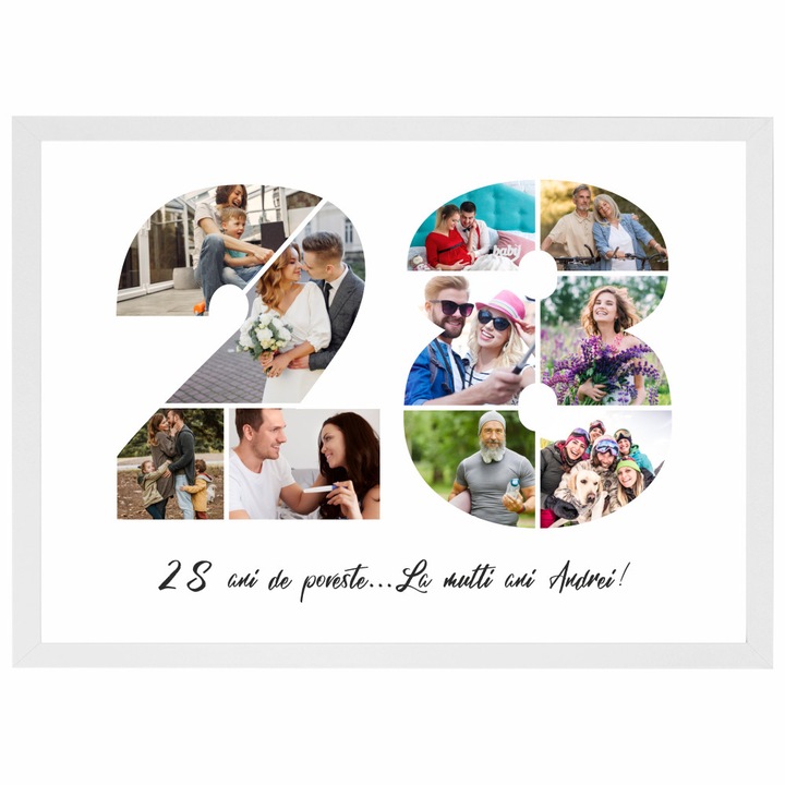 Tablou personalizat, fotografie si text, din lemn, Priti Global, cadou aniversare 28 ani, Alb, A3, 30 x 42