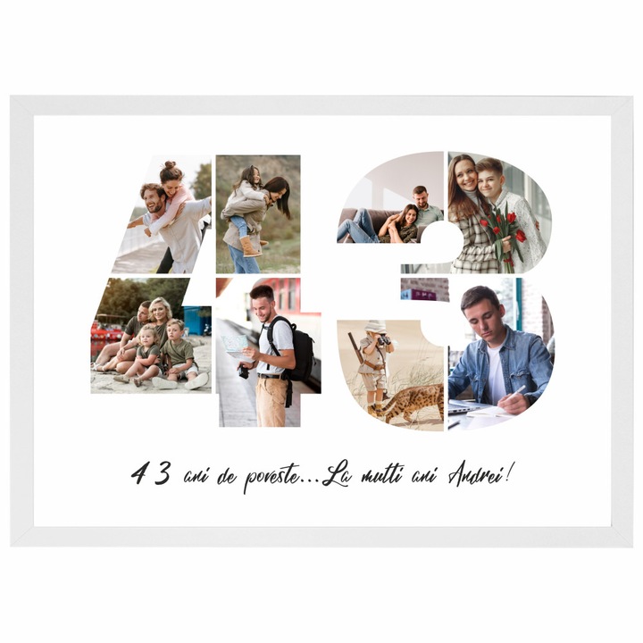 Tablou personalizat, fotografie si text, din lemn, Priti Global, cadou aniversare 43 ani, Alb, A3, 30 x 42