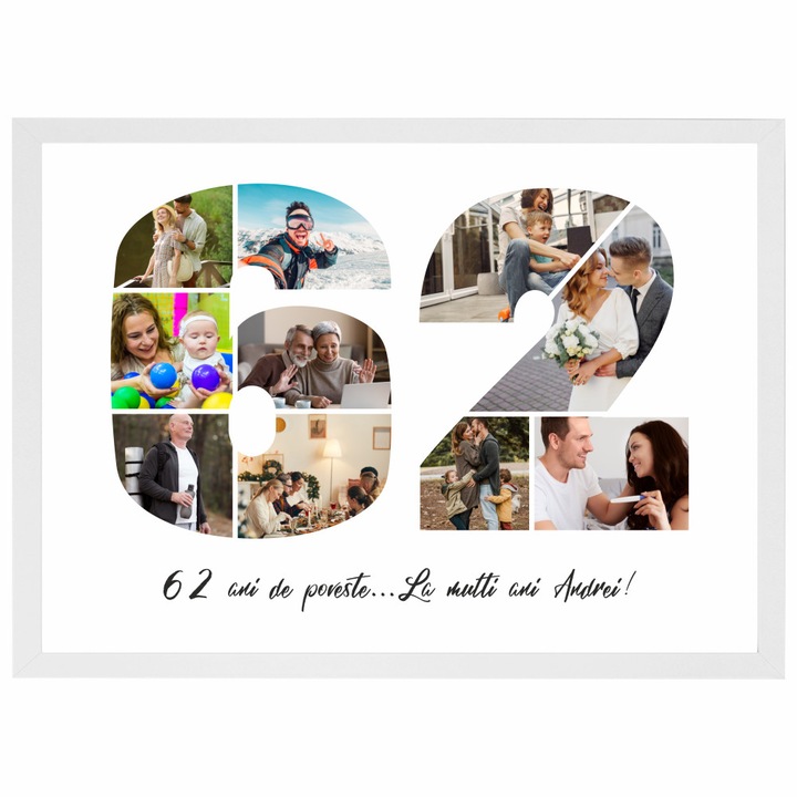 Tablou personalizat, fotografie si text, din lemn, Priti Global, cadou aniversare 62 ani, Alb, A3, 30 x 42