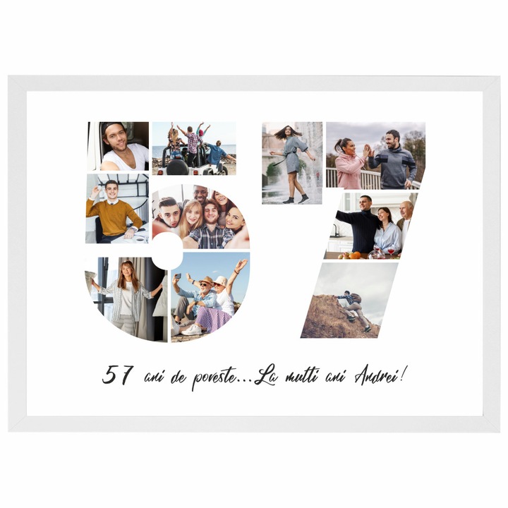 Tablou personalizat, fotografie si text, din lemn, Priti Global, cadou aniversare 57 ani, Alb, A3, 30 x 42