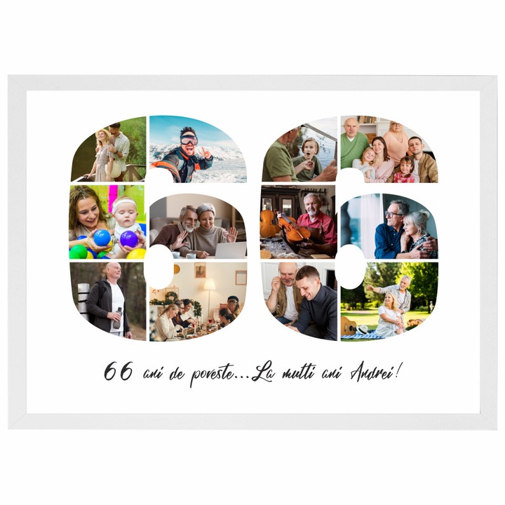 Tablou personalizat, fotografie si text, din lemn, Priti Global, cadou aniversare 66 ani, Alb, A3, 30 x 42