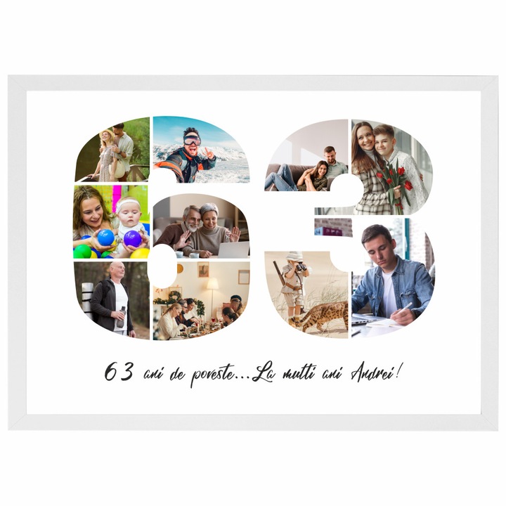 Tablou personalizat, fotografie si text, din lemn, Priti Global, cadou aniversare 63 ani, Alb, A3, 30 x 42