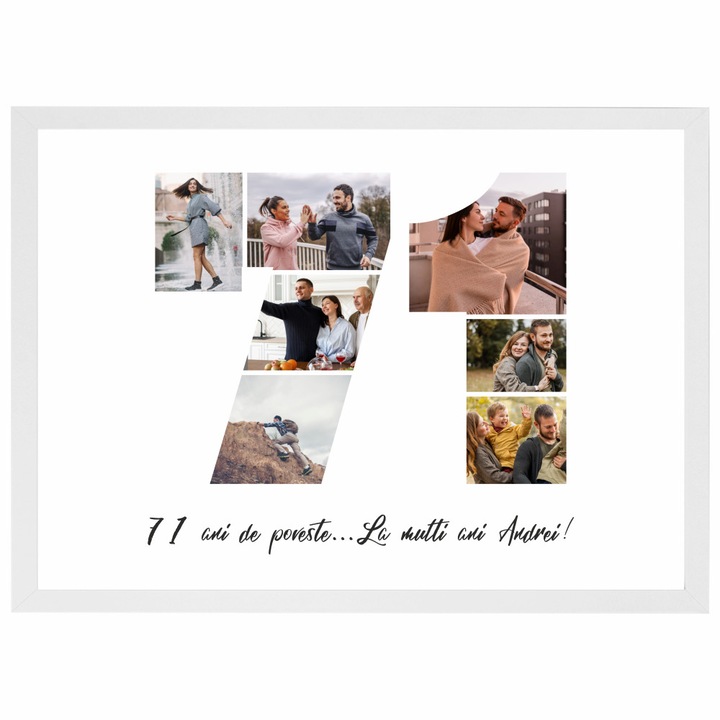 Tablou personalizat, fotografie si text, din lemn, Priti Global, cadou aniversare 71 ani, Alb, A3, 30 x 42