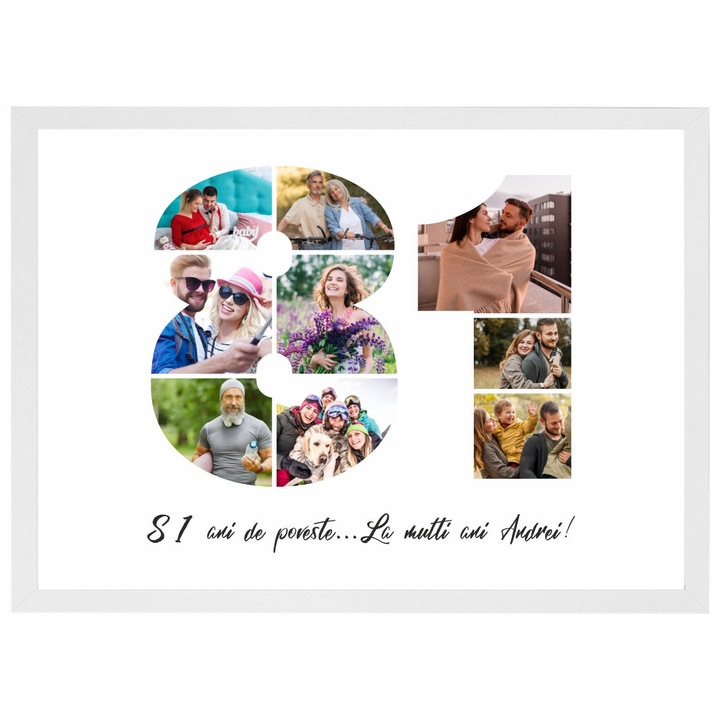 Tablou personalizat, fotografie si text, din lemn, Priti Global, cadou aniversare 81 ani, Alb, A3, 30 x 42