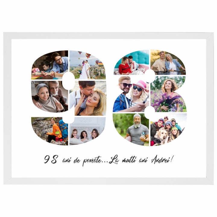 Tablou personalizat, fotografie si text, din lemn, Priti Global, cadou aniversare 98 ani, Alb, A3, 30 x 42