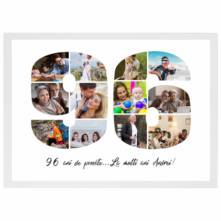 Tablou personalizat, fotografie si text, din lemn, Priti Global, cadou aniversare 96 ani, Alb, A3, 30 x 42