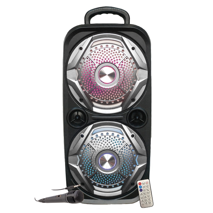 Hordozható Bluetooth hangszóró RIF REFCO ® RF-D808 , 100W teljesítmény, diszkó fények, MicroSD foglalat, FM rádió, USB, AUX, karaoke mikrofon foglalat, LED kijelző, mikrofon és távirányító, fekete