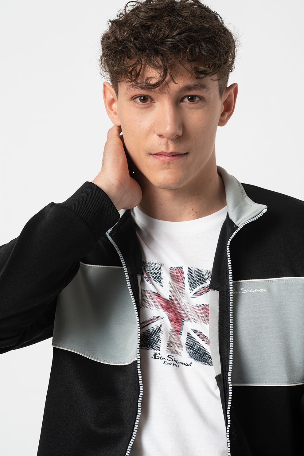 Ben Sherman, Bluza sport cu fermoar si logo brodat, Negru/Gri