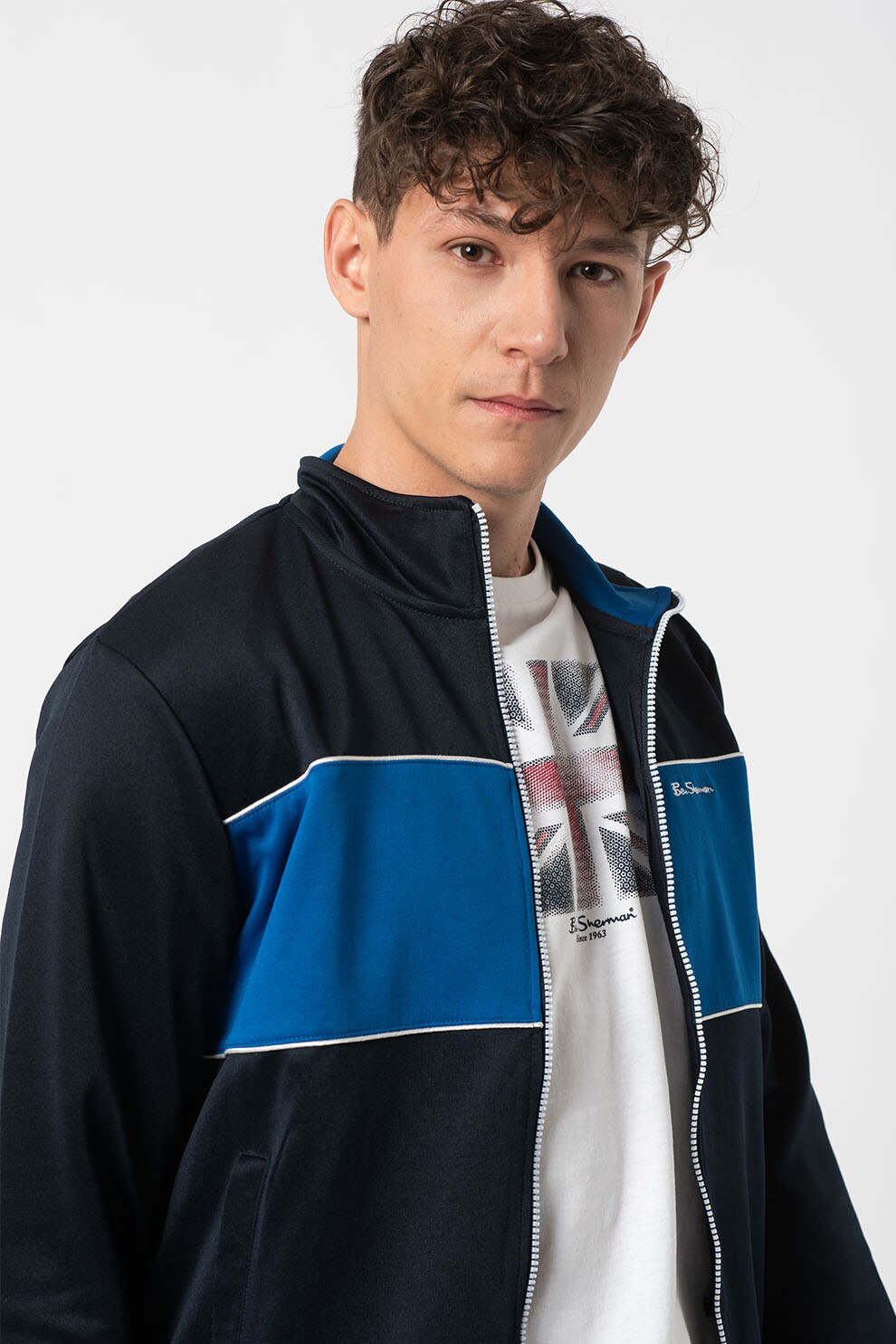 Ben Sherman, Bluza sport cu fermoar si logo brodat, Bleumarin/Albastru deschis