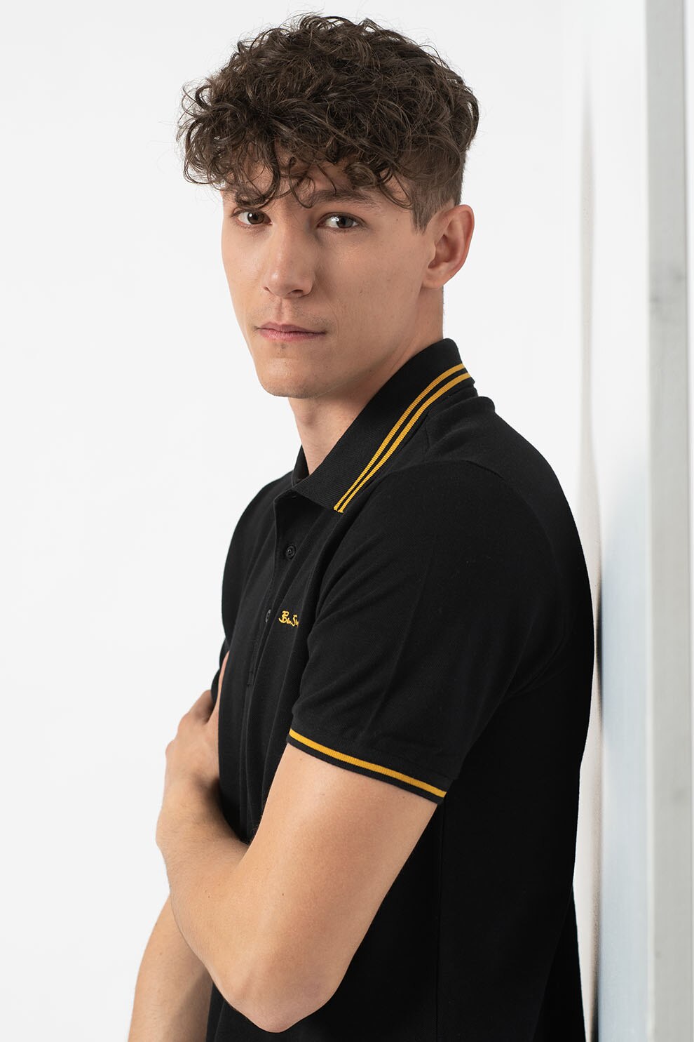 Ben Sherman, Tricou polo cu cusaturi contrastante, Negru/Galben