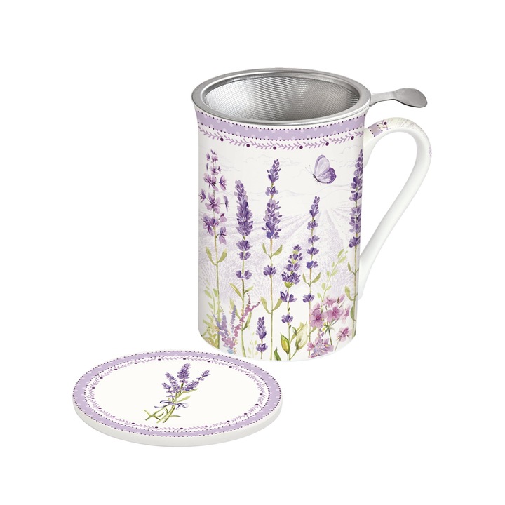 Cana cu capac si infuzor metalic, portelan, 300 ml "Lavender Field" - Nuova R2S