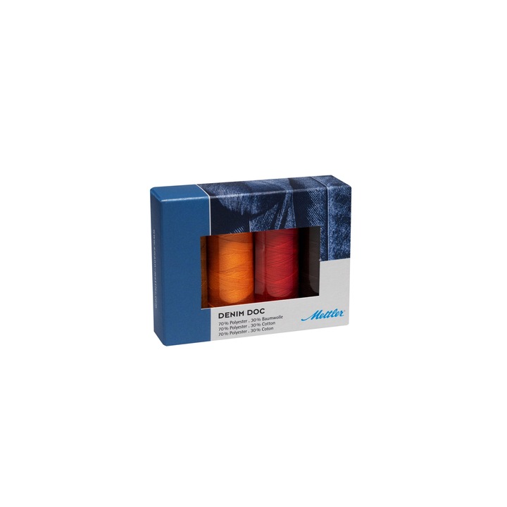 Set ata cusut denim, 4 bobine de 100 m, tonuri de culori rosu, portocaliu, maro si ocru, Denim Terra, Mettler
