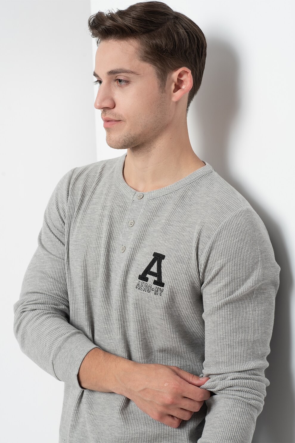 Aéropostale, Bluza Henley cu imprimeu logo, Gri melange