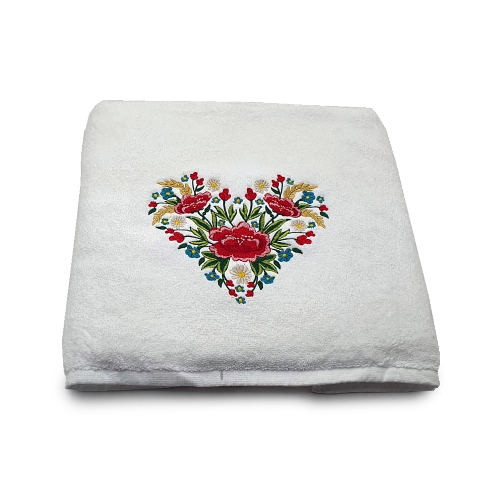 Prosop baie, Royal Home, Brodat, bumbac 100%, Alb, 70x140cm, 650gr/mp, Model Inima Floral