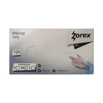 Manusi de unica folosinta ZOREX, 100 buc/ cutie, Marime M, TPE Manusi de unica folosinta ZOREX, 100 buc/ cutie, Marime M, TPE