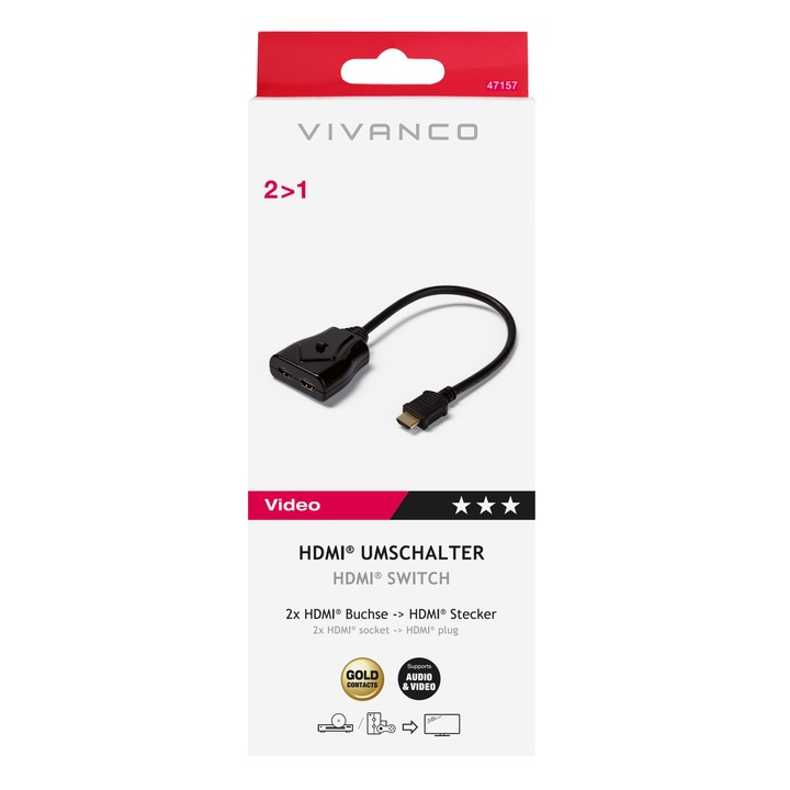 Ръчен превключвател Vivanco 47157, РHDMI, 2x1