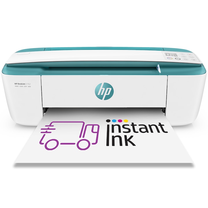 Imprimanta multifunctionala color inkjet, HP, DeskJet 3762, All-in-one, A4, ADF, Wi-Fi, Alb/Verde