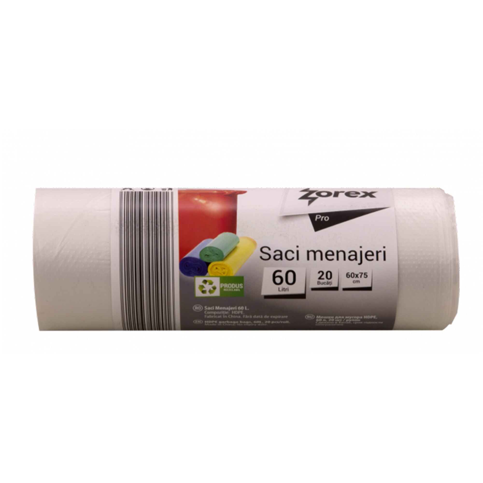 Saci menajeri Zorex Pro, 60L, transparent, 20 buc/rola