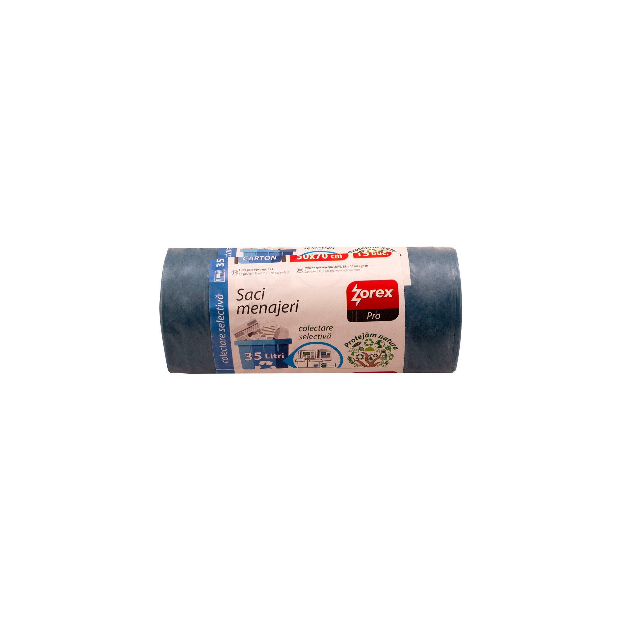 Saci colectare selectiva Zorex-Hartie/Carton, 35L, albastru, 15 buc / rola