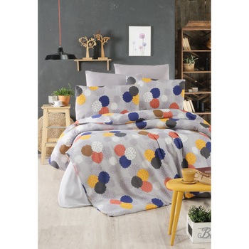 Lenjerie de pat Rosa Cotton 01 , 4 piese, pat dublu, 65% bumbac 35% poliester , tip inchidere nasturi, culoare gri, model buline colorate Lenjerie de pat Rosa Cotton 01 , 4 piese, pat dublu, 65% bumbac 35% poliester , tip inchidere nasturi, culoare gri, model buline colorate
