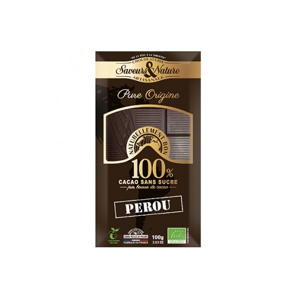 Ciocolata bio 100% cacao Peru fara zahar, Saveurs & Nature, 100g
